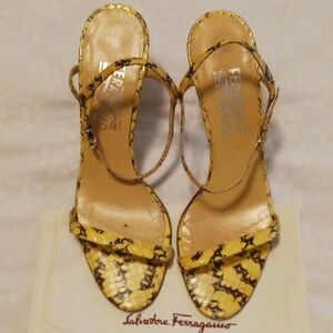 Authentic Salvatore Ferragamo Yellow and Brown Snakeakin  Patterned Heels